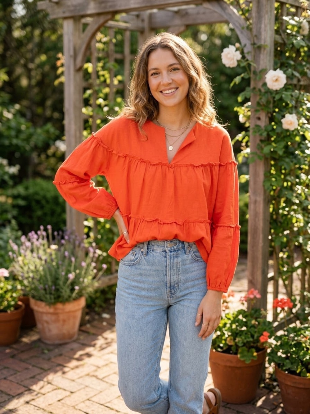 Marc New York Linen Blend Tiered Babydoll Top Orange Size M NWT Long Sleeve